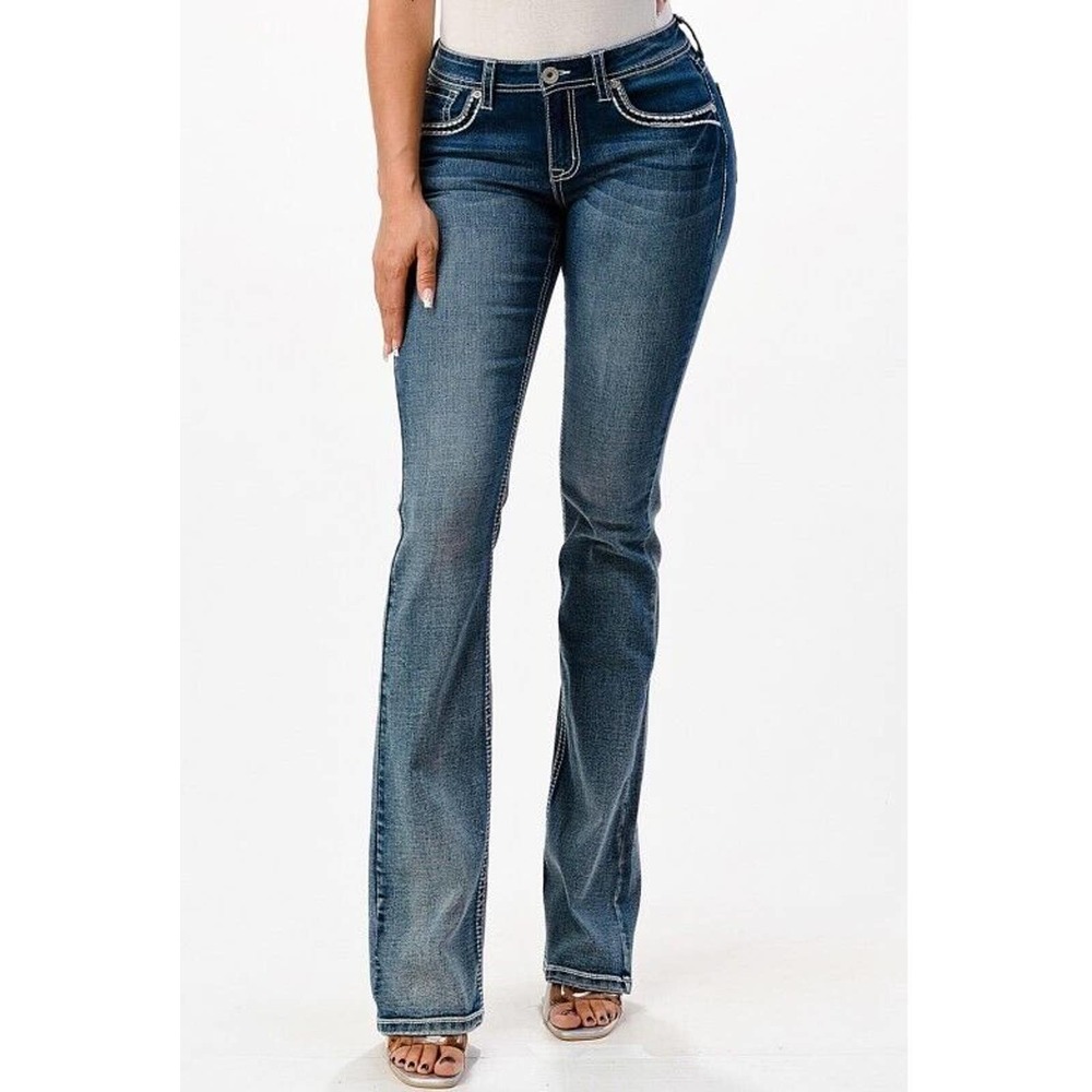 Charme by Grace in LA Women's Aztec Motif Embroidered Bootcut Stretch Jeans - Picture 2 of 3